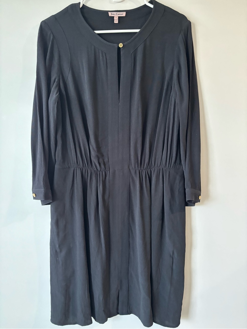 Juicy Couture Black Long Sleeve Gathered-Waist Dress with Gold Buttons